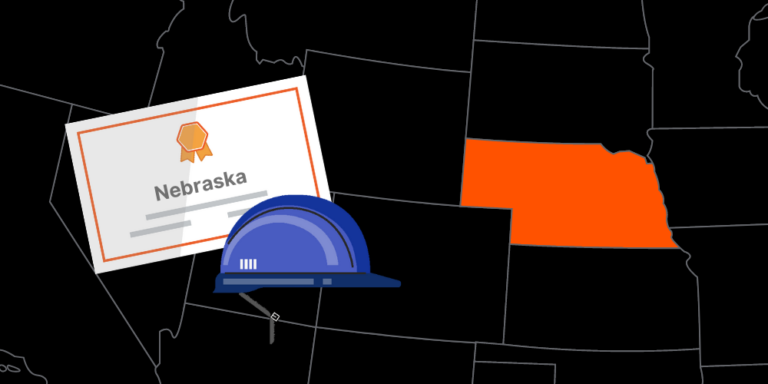 Illustration of Nebraska contractor license with hardhat and map of America with Nebraska highlighted