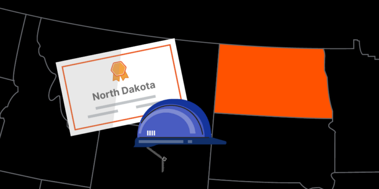 Illustration of North Dakota contractor license with hardhat and map of America with North Dakota highlighted