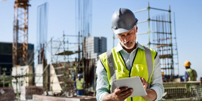 Photo of worker wearing PPE and writing on a clipboard