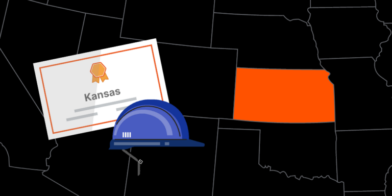 Illustration of Kansas contractor license with hardhat and map of America with Kansas highlighted