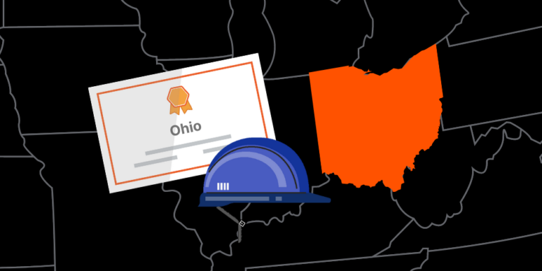 Illustration of Ohio contractor license with hardhat and map of America with Ohio highlighted