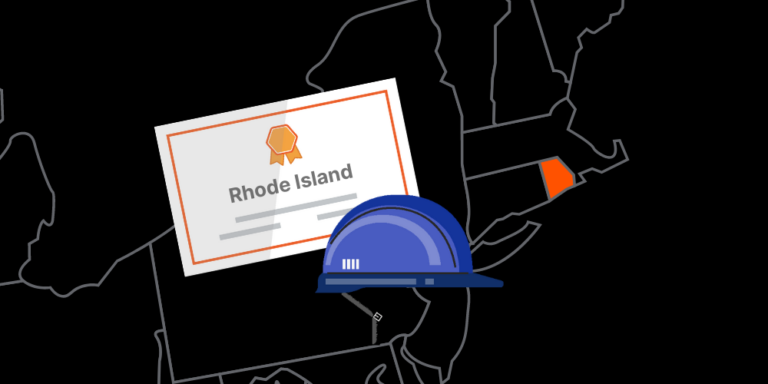 Illustration of Rhode Island contractor license with hardhat and map of America with Rhode Island highlighted