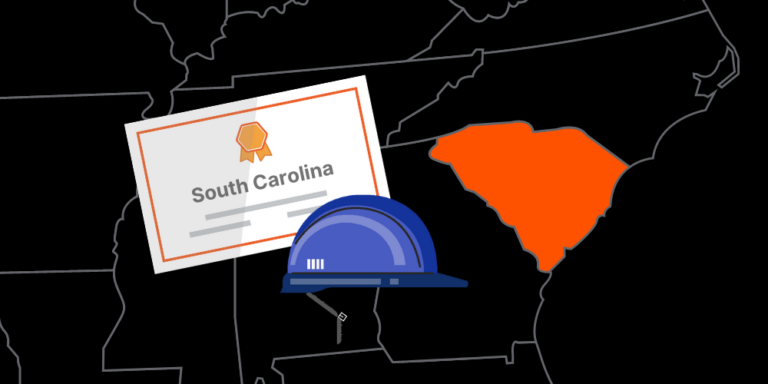 Illustration of South Carolina contractor license with hardhat and map of America with South Carolina highlighted