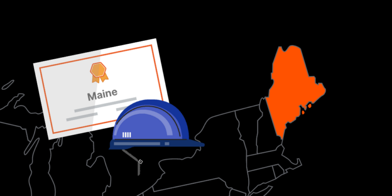 Illustration of Maine contractor license with hardhat and map of America with Maine highlighted