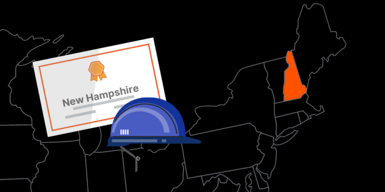 Illustration of New Hampshire contractor license with hardhat and map of America with New Hampshire highlighted