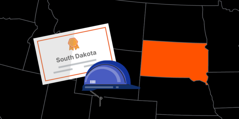 Illustration of South Dakota contractor license with hardhat and map of America with South Dakota highlighted