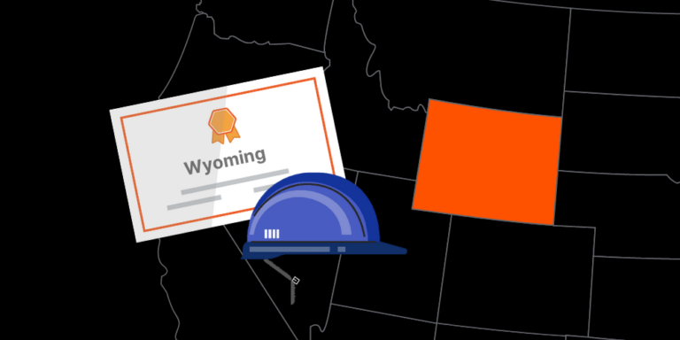 Illustration of Wyoming contractor license with hardhat and map of America with Wyoming highlighted