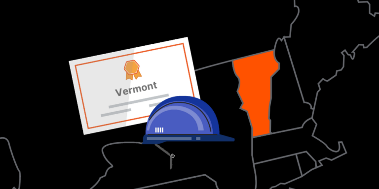 Illustration of Vermont contractor license with hardhat and map of America with Vermont highlighted