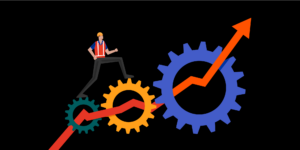 Illustration of arrow pointing upward through gears indicating growth with a person climbing the arrow