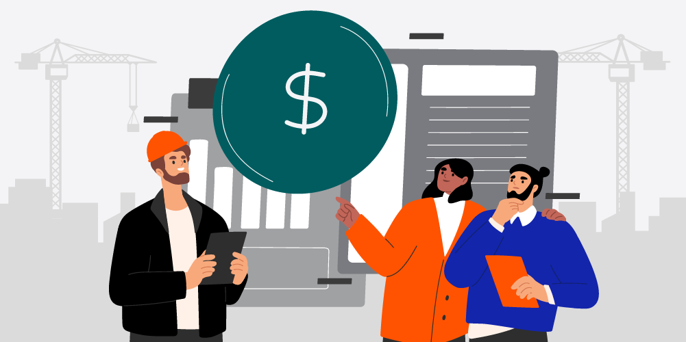 Illustration of people looking at dollar sign in front of financial statements and a construction site in the background.