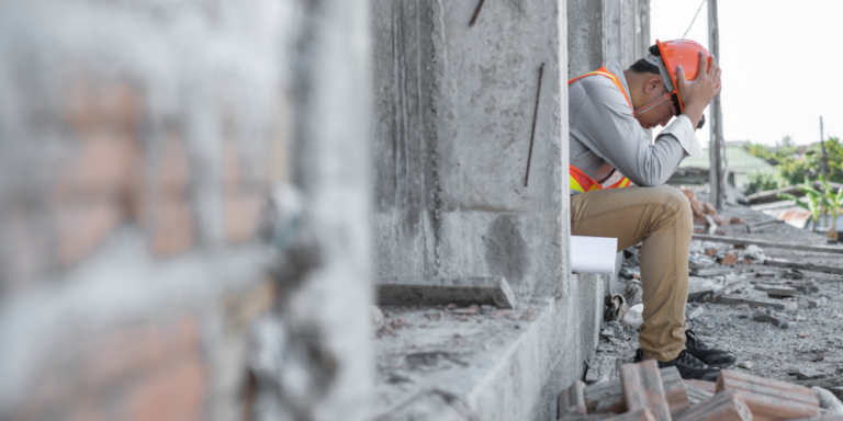 Construction worker sitting down on the job holding their head in their hands