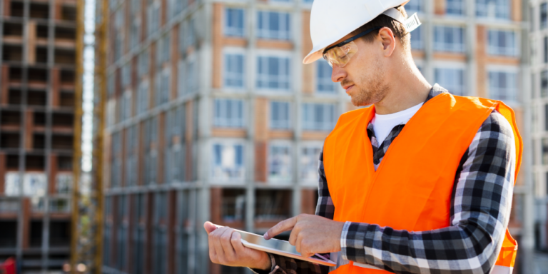 Construction Safety Manager wearing a hard hat while looking at a tablet.