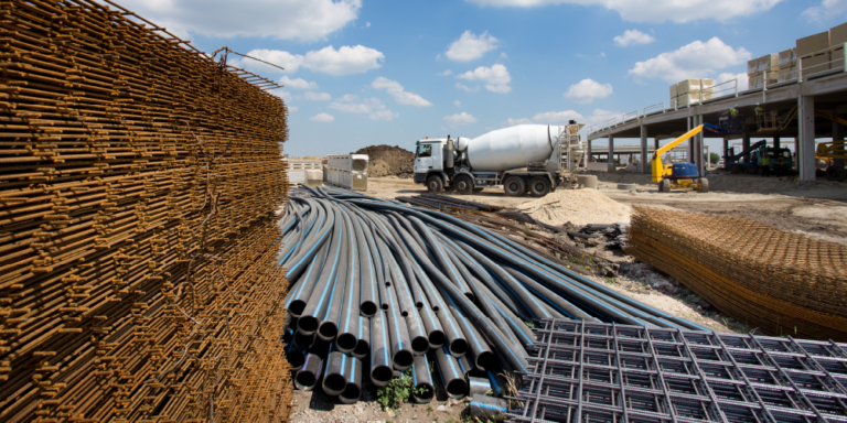 Photo of multiple materials and equipment on a construction site