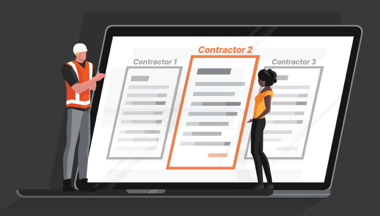 Illustration depicting construction bid leveling by showing 2 people with a person-sized tablet comparing contractor bids