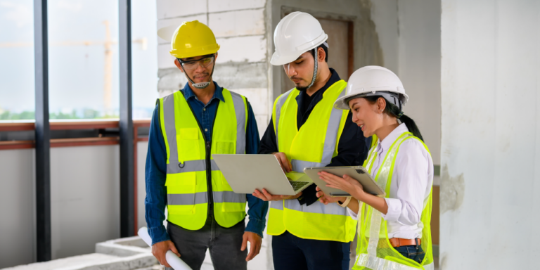 Photo of 3 subcontractors on a jobsite reviewing something on a laptop.