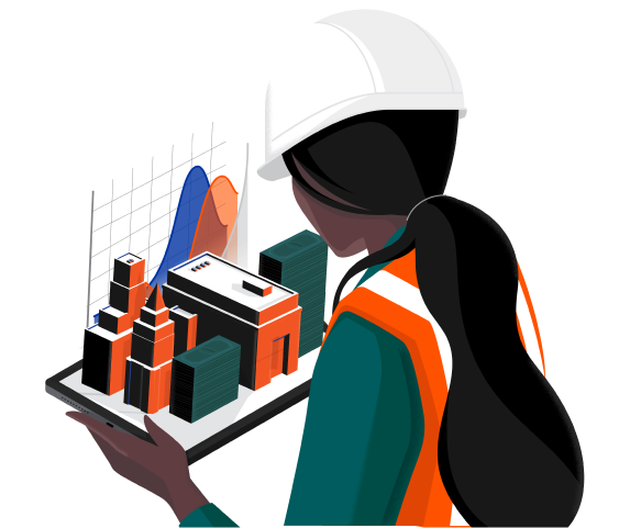 Illustration of construction worker looking at 3D chart model