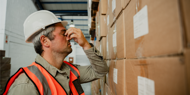 Photo of stressed out construction worker in a warehouse.