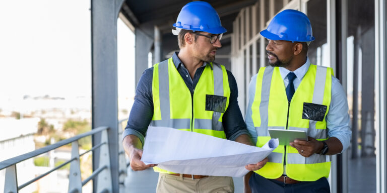 Contractor and owner walk together on a jobsite discussing site drawings