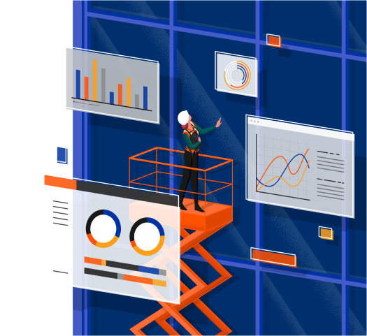 Illustration of construction worker riding lift up the side of a building surrounded by floating data charts