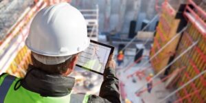 Construction worker on a jobsite checks the project schedule on a tablet
