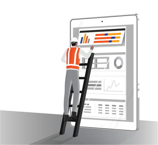 Illustration of construction worker looking at charts on giant tablet