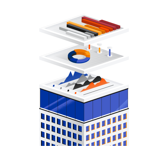 Illustration of graphs layered into a building.