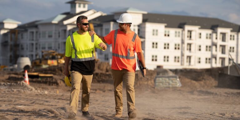 Photo of 2 men at a construction site with a completed structure in the background