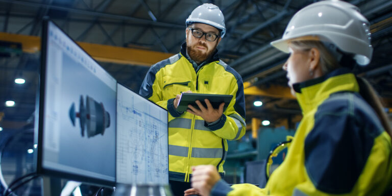 Female construction worker uses CAD to create a 3D model on a computer while another worker looks on while holding a tablet