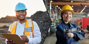 2 photos of different types of workers in different types of construction environments juxtaposed