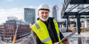 Photo of a contractor in a bright yellow reflective vest on a jobsite