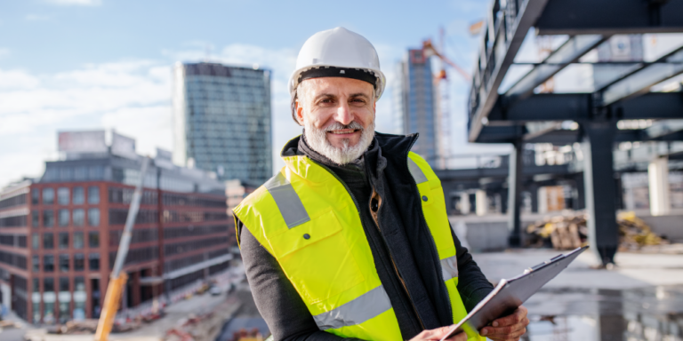 Photo of a contractor in a bright yellow reflective vest on a jobsite