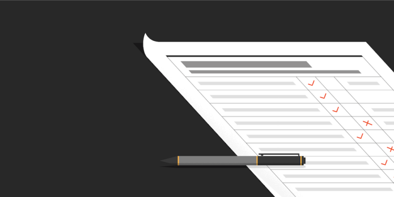 Illustration of a punch list with check marks and x's on a black background.