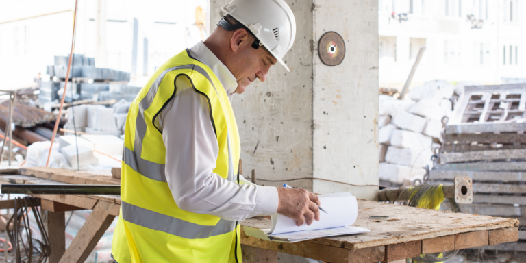 Photo of worker in protective hat and reflective vest looking at construction report