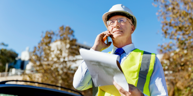 Construction contractor holding a clipboard in one hand and a cell phone in the other hand.