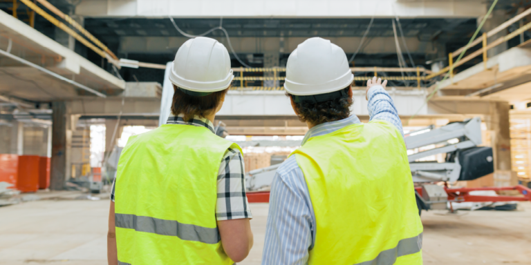 Two contractors are facing the inside of a building under construction.