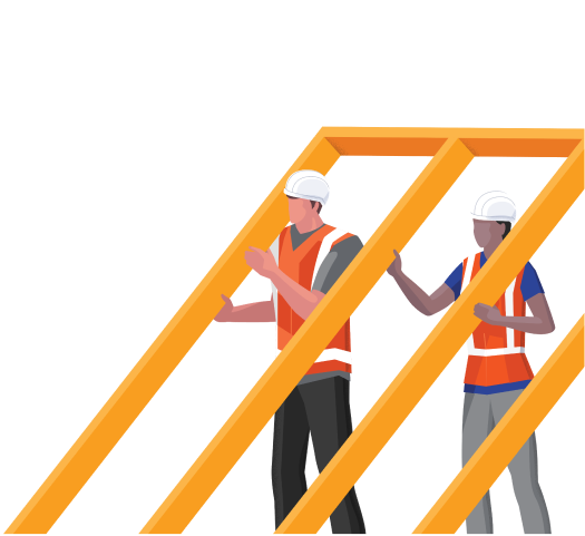 Illustration showing framers assembling a wooden wall