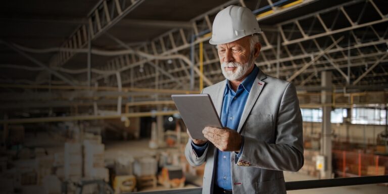 A man in a suit and hard hat in a supply warehouse looks at a tablet.