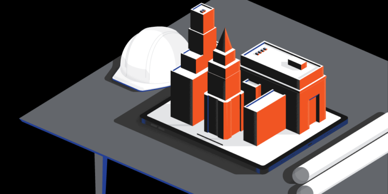 Illustration of buildings with hard hat next to them.