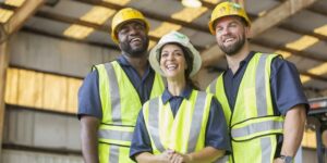 Three construction workers wearing safety gear standing side-by-side in a warehouse and smiling.