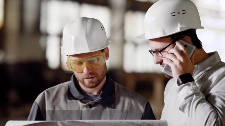 A superintendent and construction worker looking at project plans. One is on the phone.