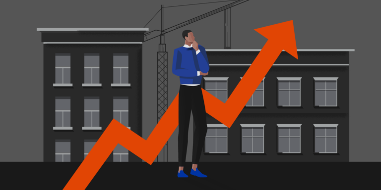 Illustration of a person thinking with a graph going upward behind them signifying a construction cost overrun
