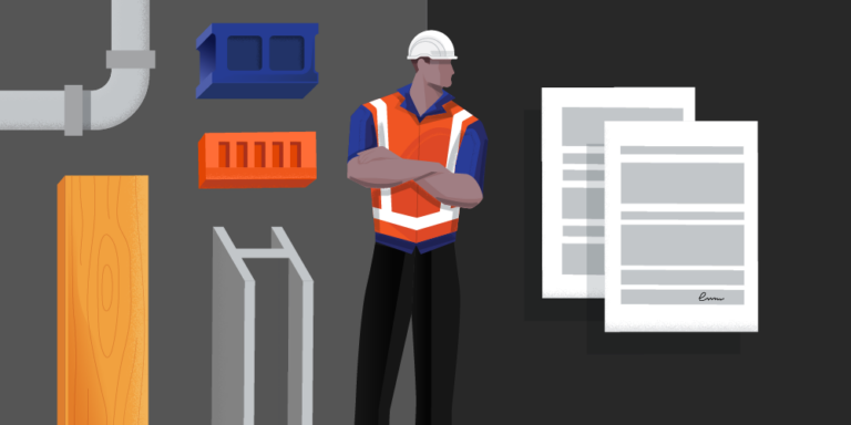 Graphic showing hard costs vs soft costs in construction, illustrated by construction materials on one side and documents on the other