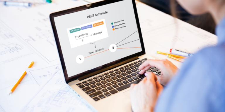 Photo of a laptop with a PERT construction chart on the screen