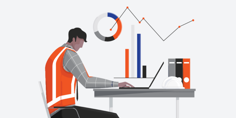 Illustration of the concept of construction draw schedules shown by person looking at laptop with charts in the background