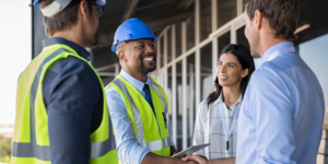 Photo of 4 construction professionals on a jobsite shaking hands and smiling