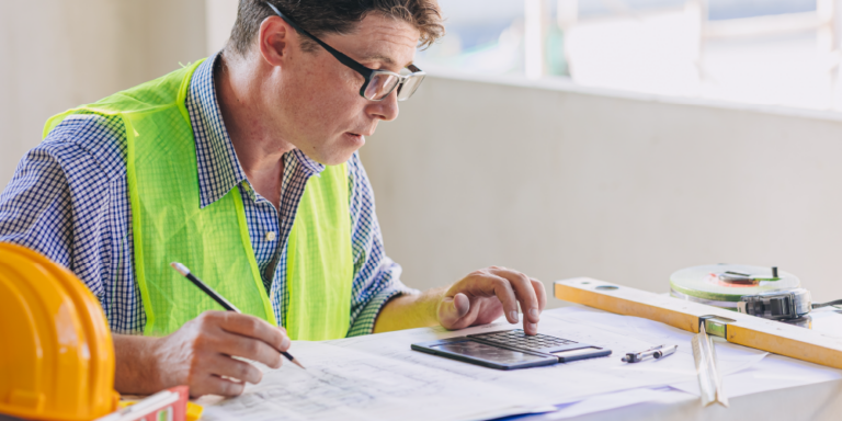 Photo of a construction professional in a reflective vice reviewing a construction budget document