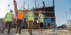 Four construction professionals facing away walk toward a jobsite
