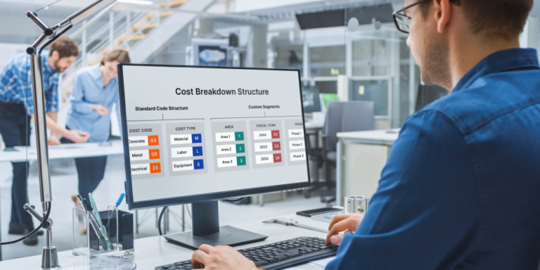 Photo of a cost breakdown structure diagram displayed on a desktop computer screen