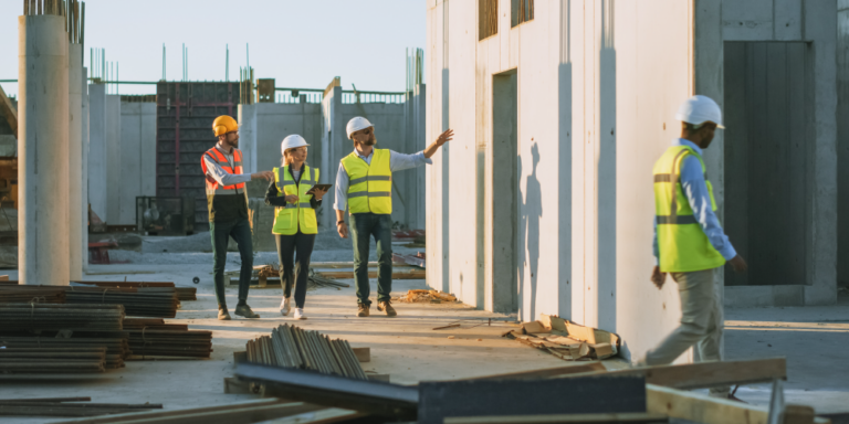 Photo of 3 construction professionals walking through a jobsite