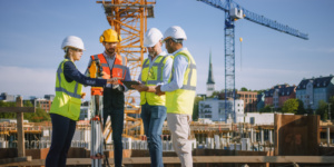 Photo of 4 construction professionals reviewing data on a tablet